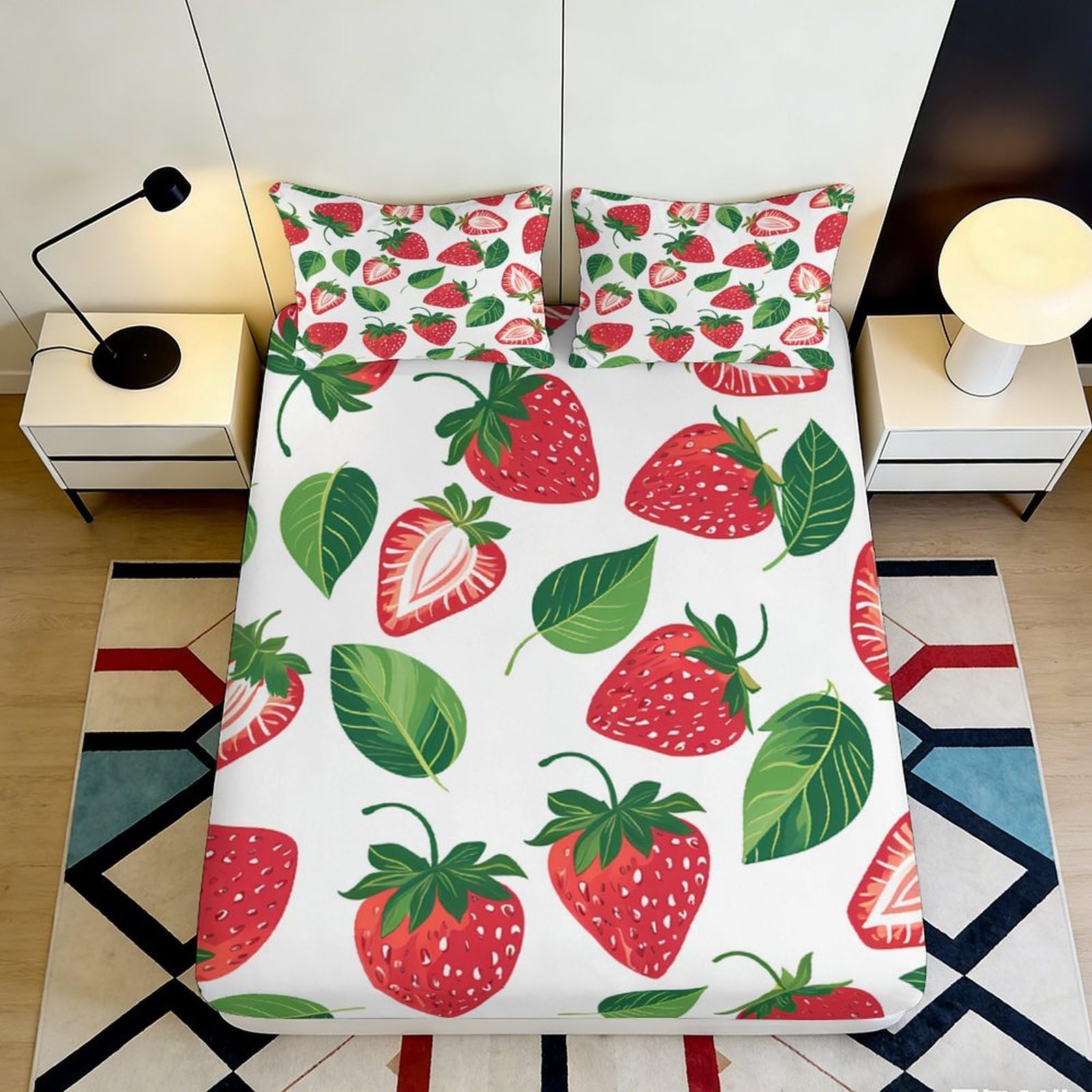 3D Printed Strawberry Leaf Fitted Sheet Microfiber Soft Breathable Fruit Pattern Mattress Cover for Bedroom Dorm Decor 90x200x25cm
