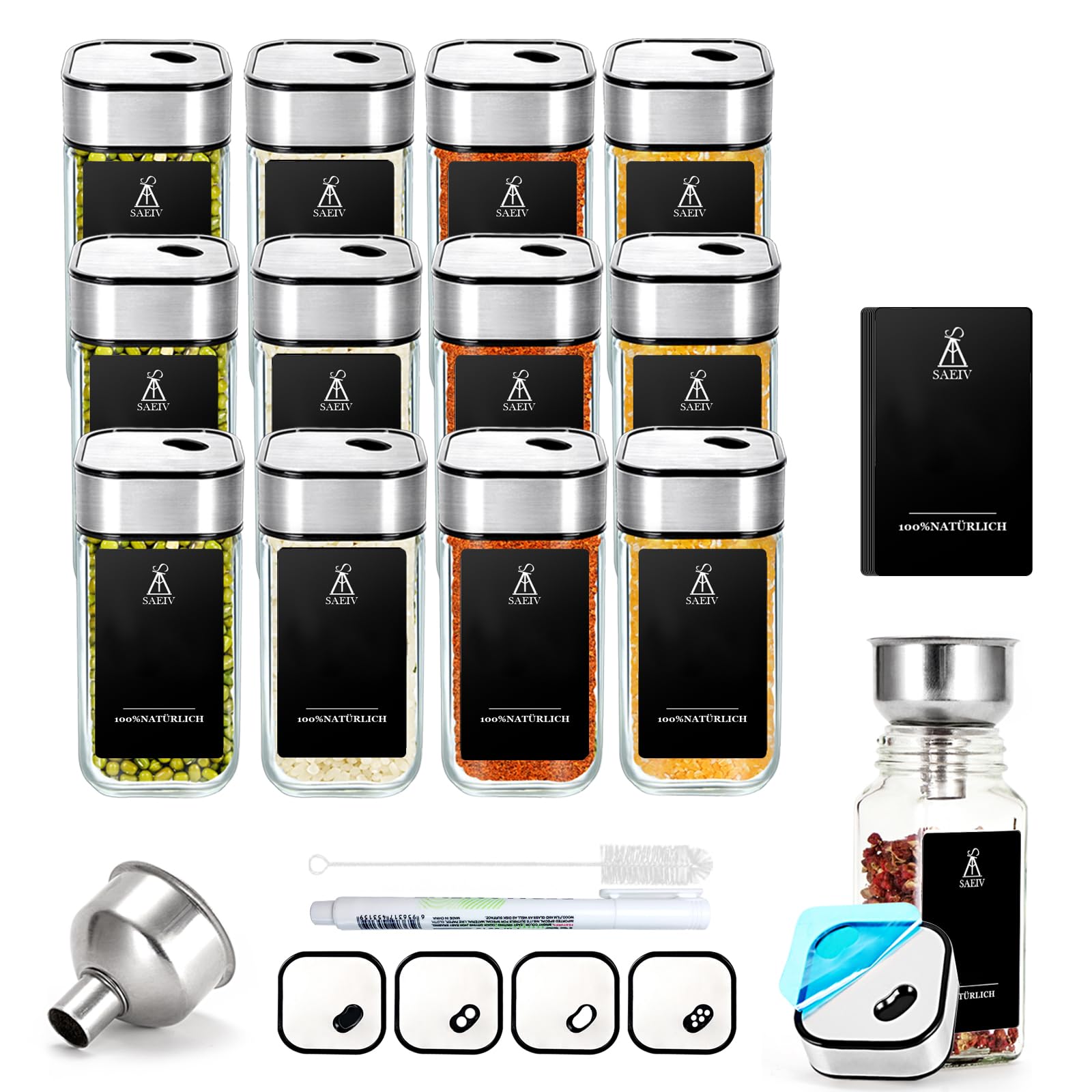 Kwadratowy obrotowy słoik na przyprawy, trzy regulowane kalibracje 360°, 12 pudełek na przyprawy, 120 ml szklany słoik na przyprawy, słoik na przyprawy Fine Edge Organizer na przyprawy kuchenne