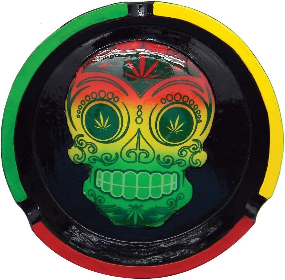 4.25" Round Sugar Skull Ashtray - Rasta