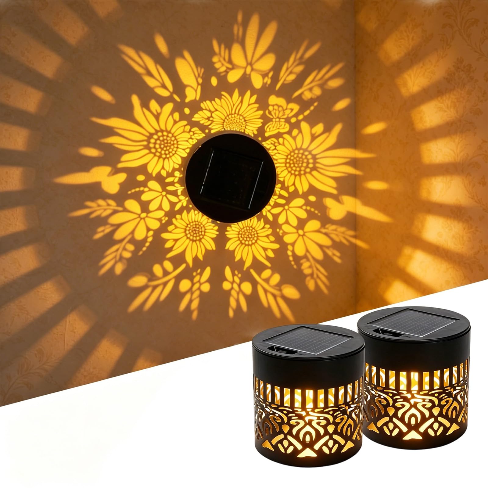 ELMVAR Solar Mandala Wall Light, 2026 New Solar Mandala Lights Outdoor, Waterproof Fence Light, Shadow Projection Landscape Lighting for Garden Post Patio Backyard Yard Decor (Sunflower*2)