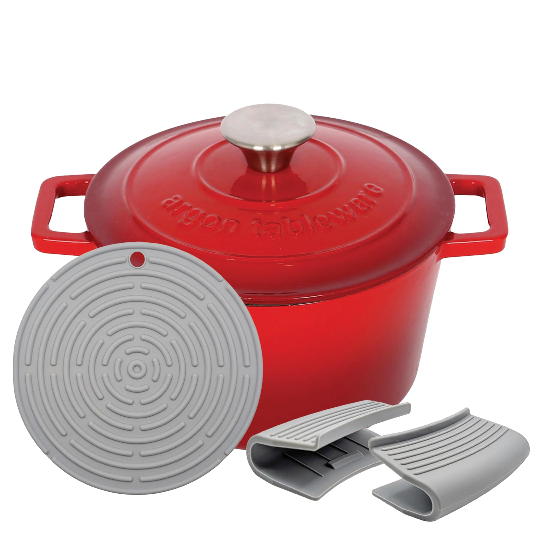 Argon Tableware Round Cast Iron Casserole Dish with Self-Basting Lid - 2.8L - Red Ombre - 1x Induction Hob Cooking Dutch Oven Bread Baking Serving Roasting Stew Stock Pot Cookware Pan