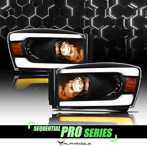 Miniatura 2 de Alpha Owls 8711538 - Faros delanteros de proyector con barra LED secuencial Switchback y luz de arranque, color ámbar negro, compatible con Dodge