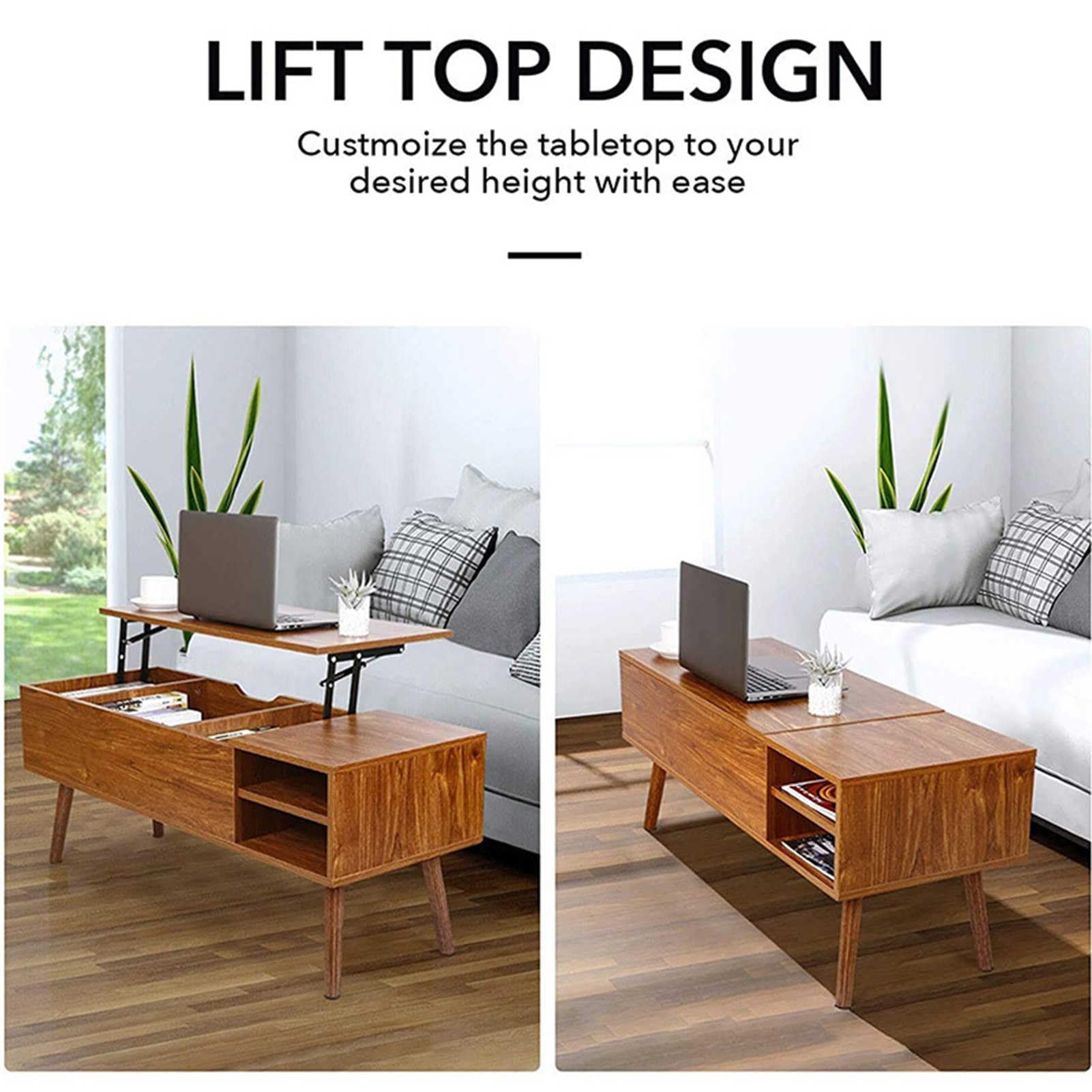 Salontafel, liftende salontafel, salontafel met lifttop, verborgen compartiment en verstelbare plank, stijlvol middelpunt voor woonkamer of receptie, bruin