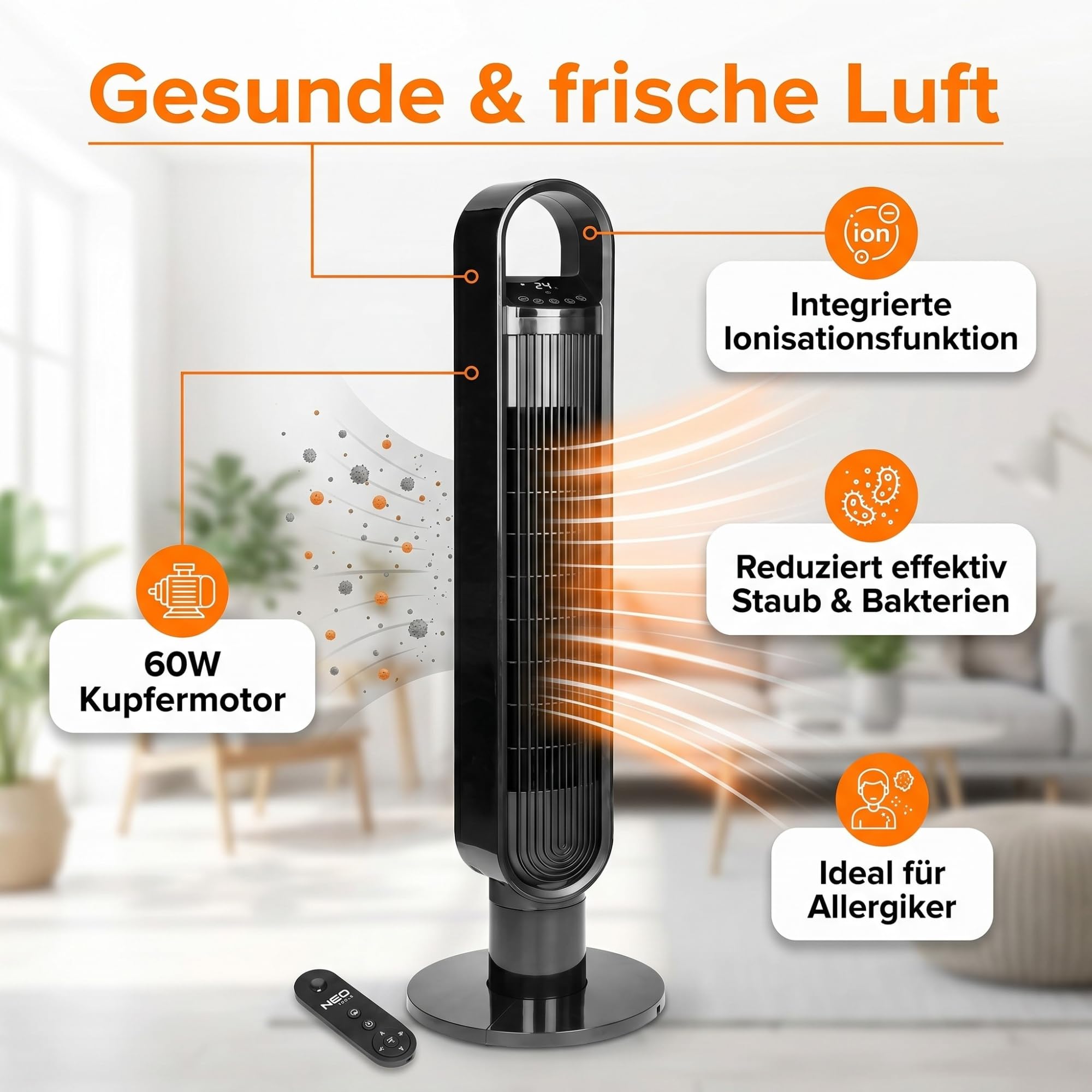 NEO TOOLS Turmventilator mit WLAN und Ionisator 60W 100cm Höhe App-Steuerung Digital-Display Fernbedienung 3 Modi und Geschwindigkeiten 75 Grad Oszillation 12h-Timer Schwarz