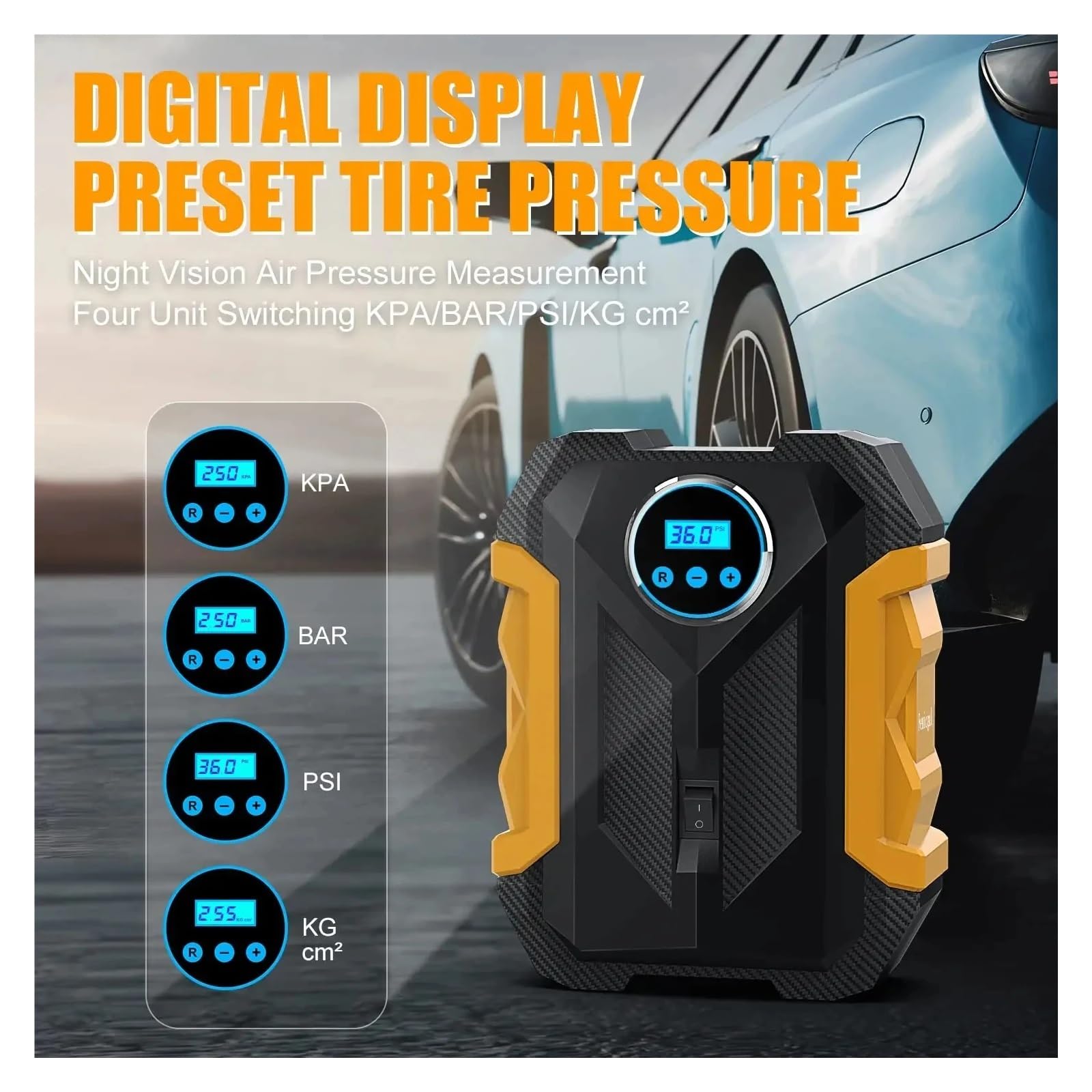 Inflador De Neumáticos Coche Bomba Aire Portátil 12V 150PSI Compresor Digital Llenado con Iluminación LED For Bicicletas Inflado Rápido Esfuerzo(Yellow)