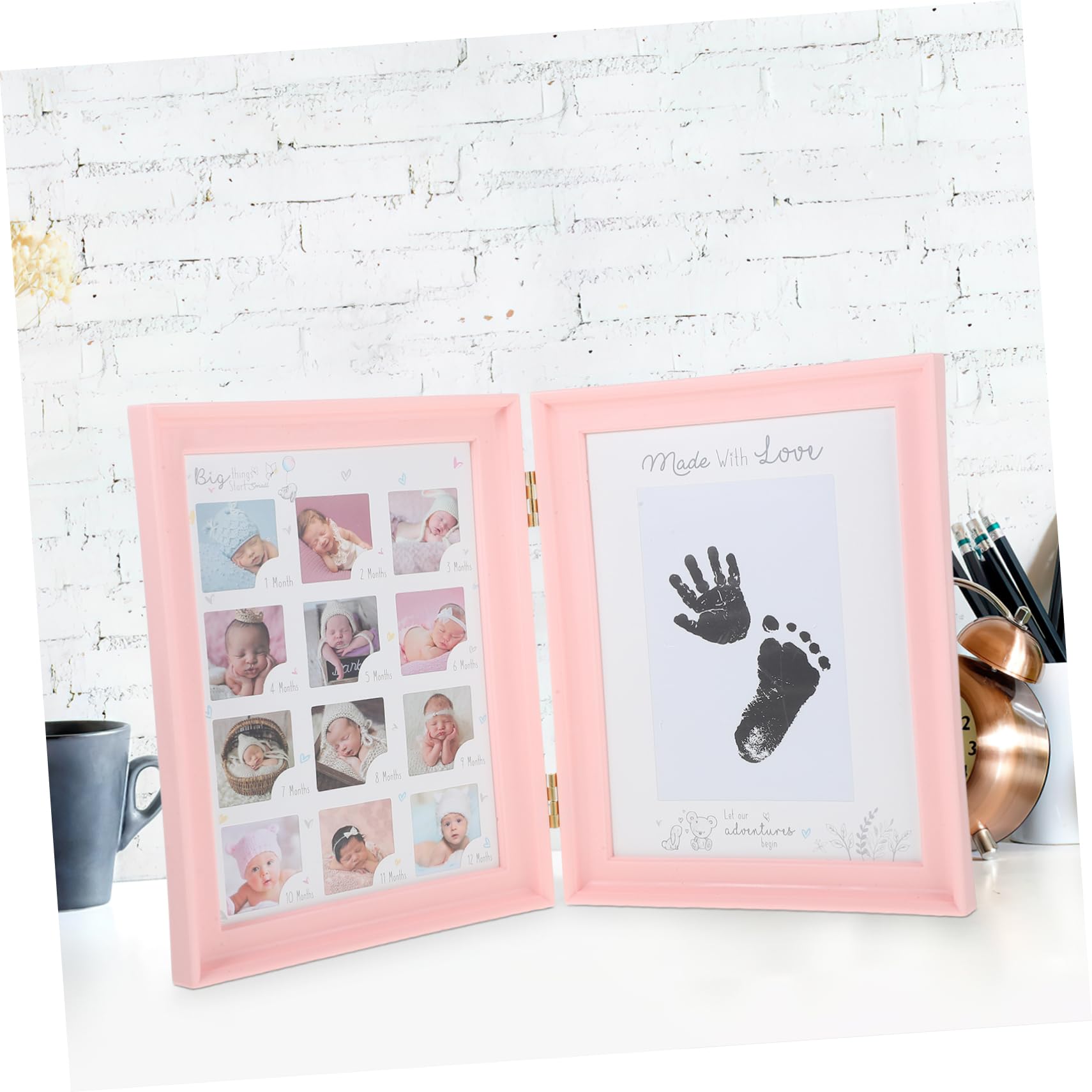 Cornice Ricordo Crescita Bebè Rosa, Doppia Apertura, Kit Impronte Mani e Piedi, in Plastica Pvc e Cartone, Regalo Nascita e Compleanno