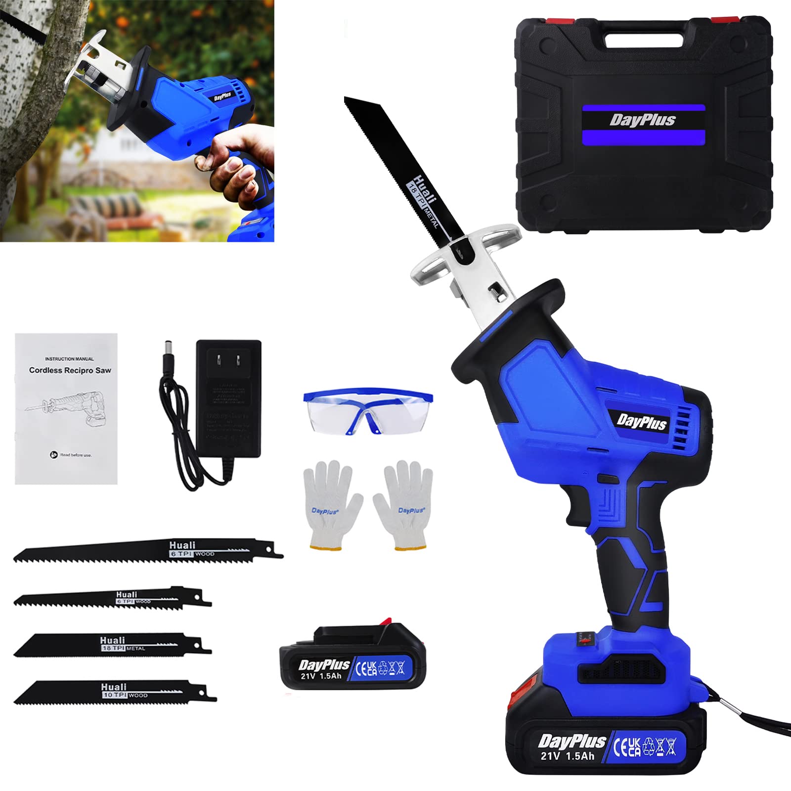 Sierra de sable con batería sin escobillas de 21 V, con batería de 1,5 Ah, velocidad variable de 0-1900 SPM, 4 hojas de sierra, longitud de carrera de 15 mm, luz LED, sierra de sable eléctrica para