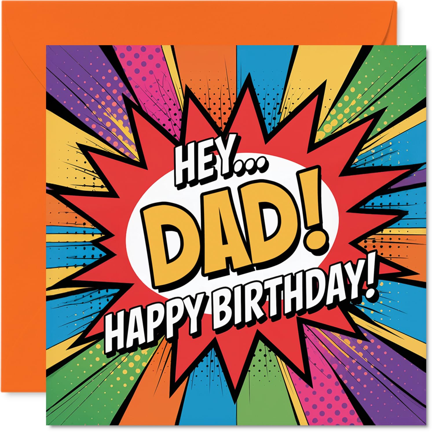 Playful Birthday Card for Dad - Bursting with Birthday Energy - Comic Explosion Design with Bold Multicolours - 145mm Square, Envelope Included