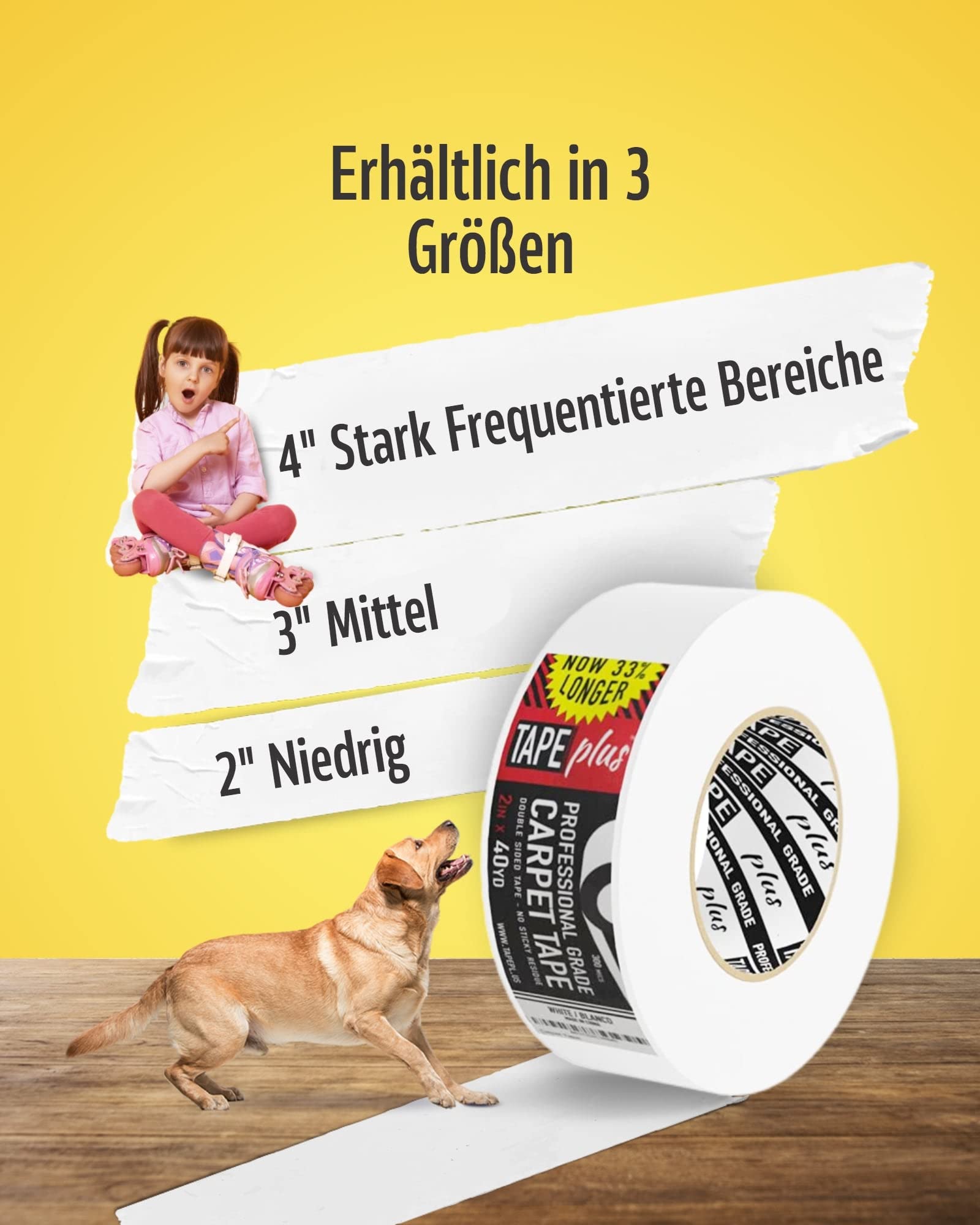 Professionelles Teppich-Klebeband, 5,1 cm x 40 m, 2 x mehr. - Doppelseitiges, rutschfestes Teppichband, hochwertiges weißes Finish, Perfekter Greifer zum Halten von Teppichen im Innenbereich