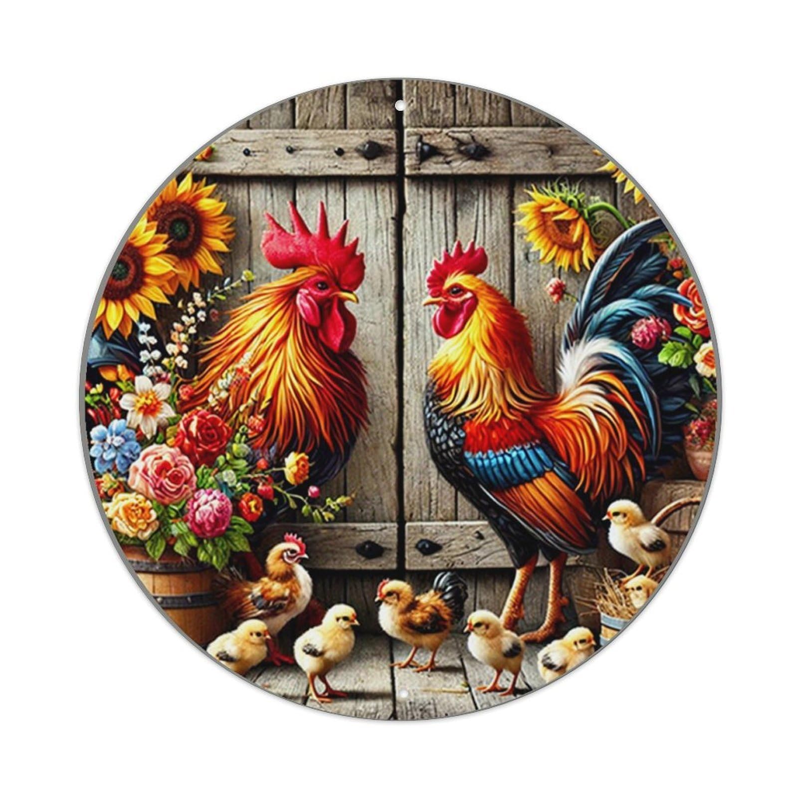 Rooster Chickens Flowers Sunflowers Wood Round Metal Tin Sign Vintage Wall Decor, Bar Garage Cafe Kitchen Home Wall Art Poster 8x8inches