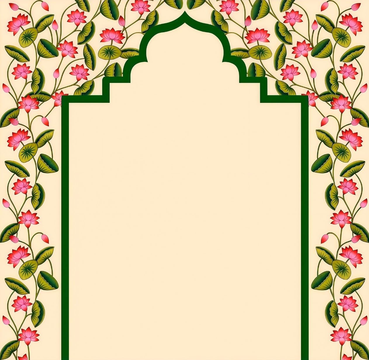 Background Decoration Cloth | Pichwai Inspired Blooming Pink Lotus and Temple Arch Backdrop | Lakshmi Backdrop Cloth for Decoration Pooja 5x5 Feet-image-49