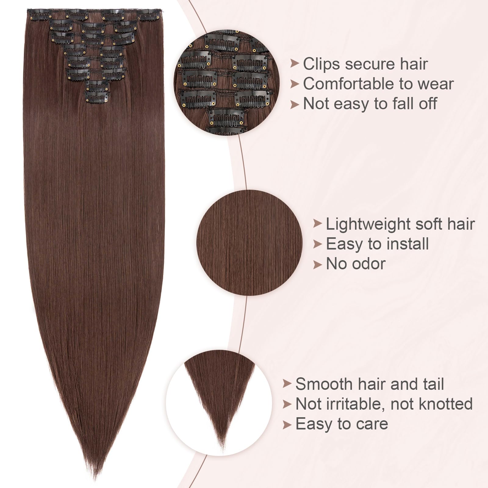 SEGOHAIR Hair Extensions Clip in 8Pcs 18 Clips Synthetic Fiber Seamless 26" Long Straight Full Head -Medium Brown - Image 4