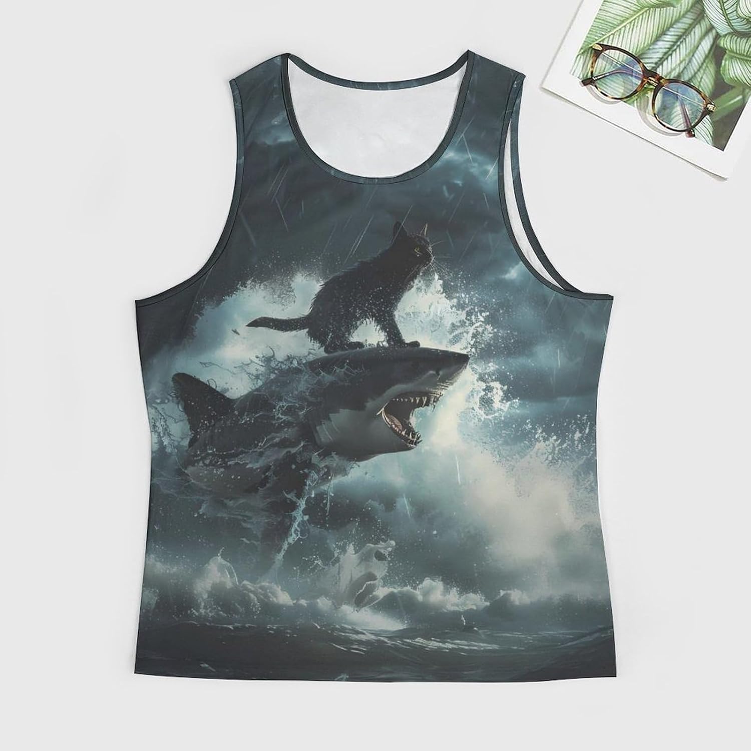 Cat Surfing on Shark Mens Breathable Printed Tank Top 5XL