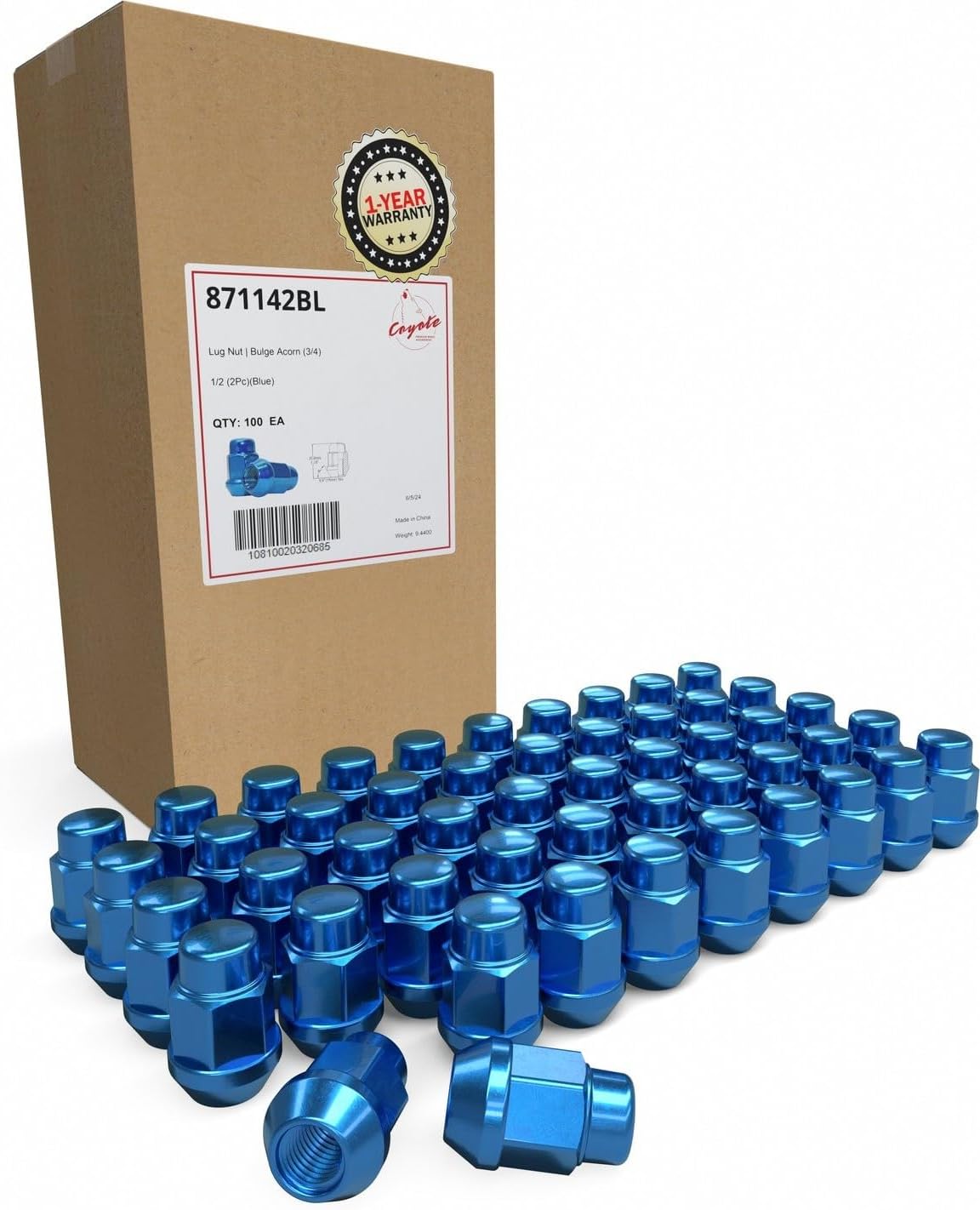 100 Pcs 1/2"-20 Thread Bulge Acorn 1.38" 35mm Long Lug Nuts Blue 3/4" 19mm Hex Fits Ford Mustang ｜ Jeep CJ Wrangler Grand Cherokee