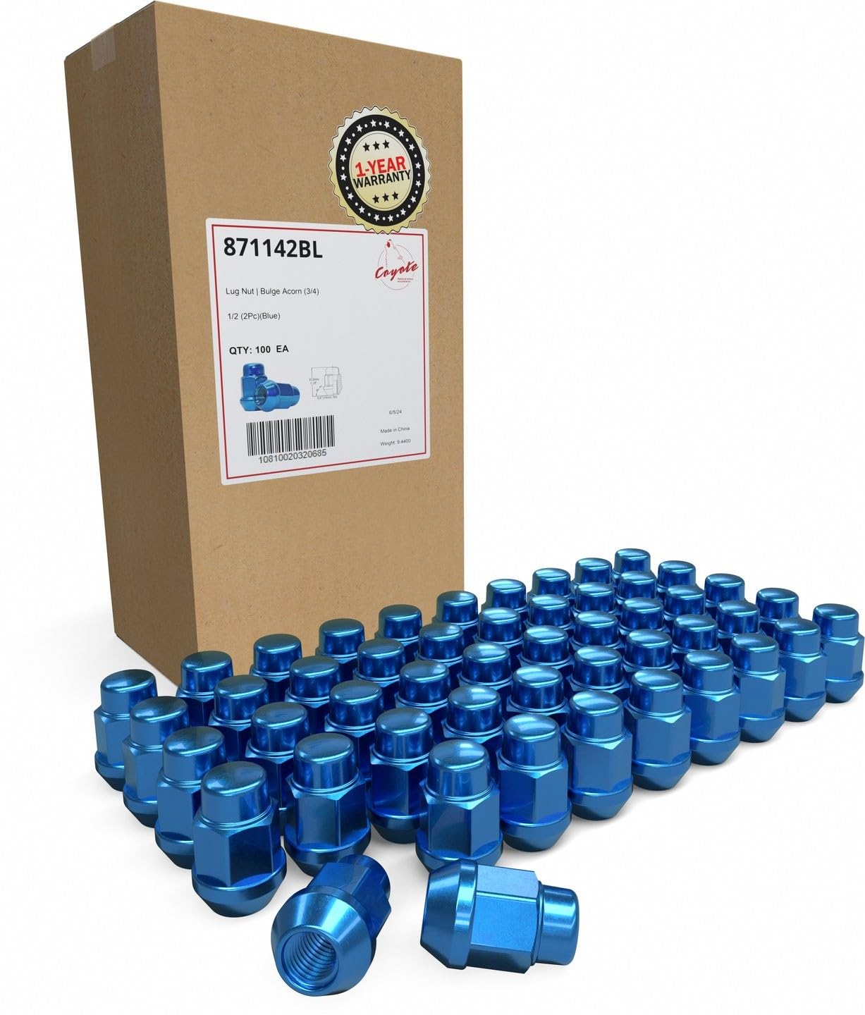 Wheel Accessories Parts 100 Pcs 1/2"-20 Thread Bulge Acorn 1.38" 35mm Long Lug Nuts Blue 3/4" 19mm Hex Fits Ford Mustang ｜ Jeep CJ Wrangler Grand Cherokee