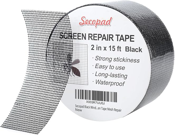 Secopad Black Window Screen Repair Tape, 2 in X 15 FT (180IN) Screen Repair Kit for Windows or Doors, Strong Adhesive Screen Patch Fiberglass Screen Tape Mesh Repair