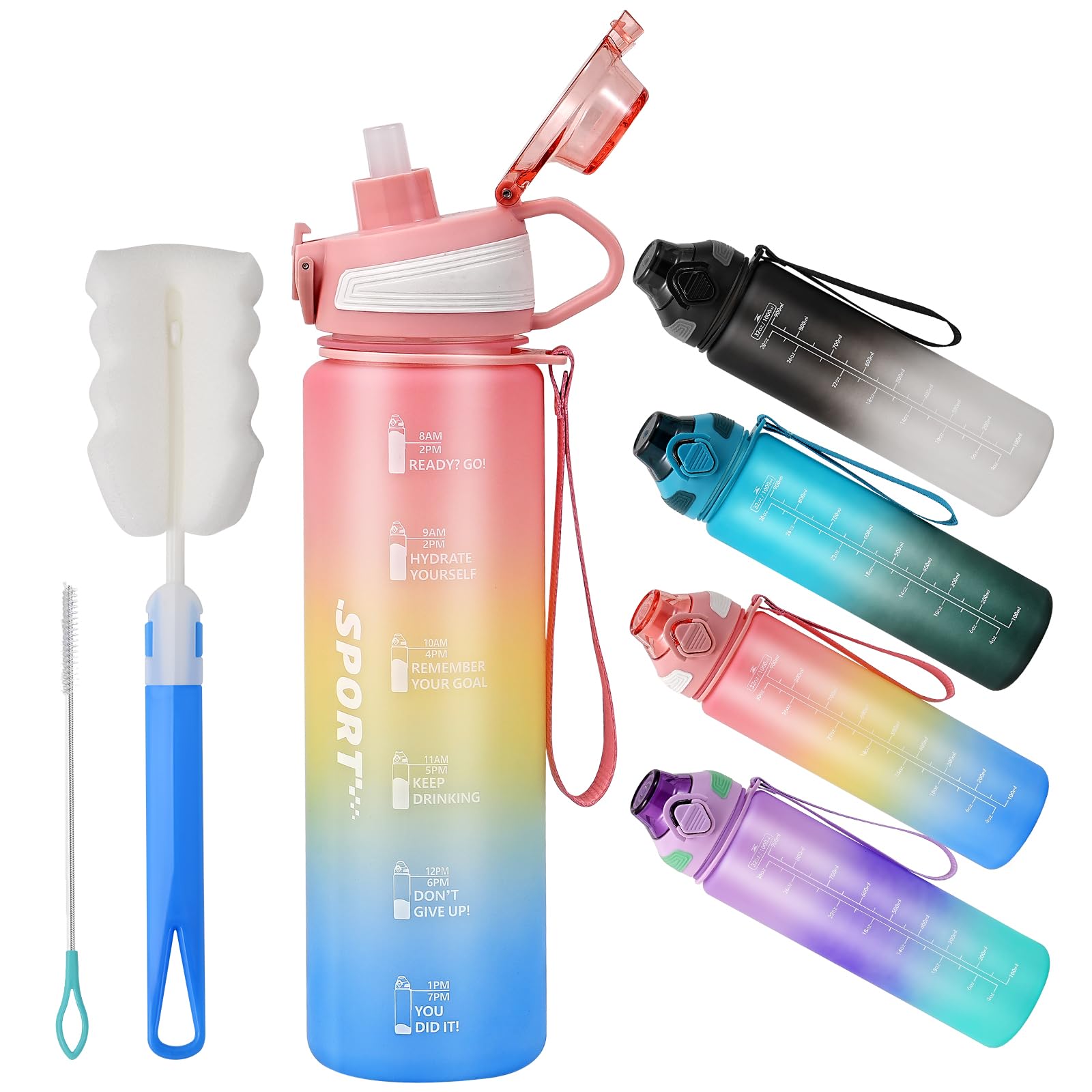 YOUNGCLUE 1L Water Bottle with Straw,Sports Drinks Bottle Leakproof,1 Litre Water Bottles With Time Markings BPA Free,Boys Girls Adults water bottles for Gym,Office, Travel,Cycling (10-Pink Blue)