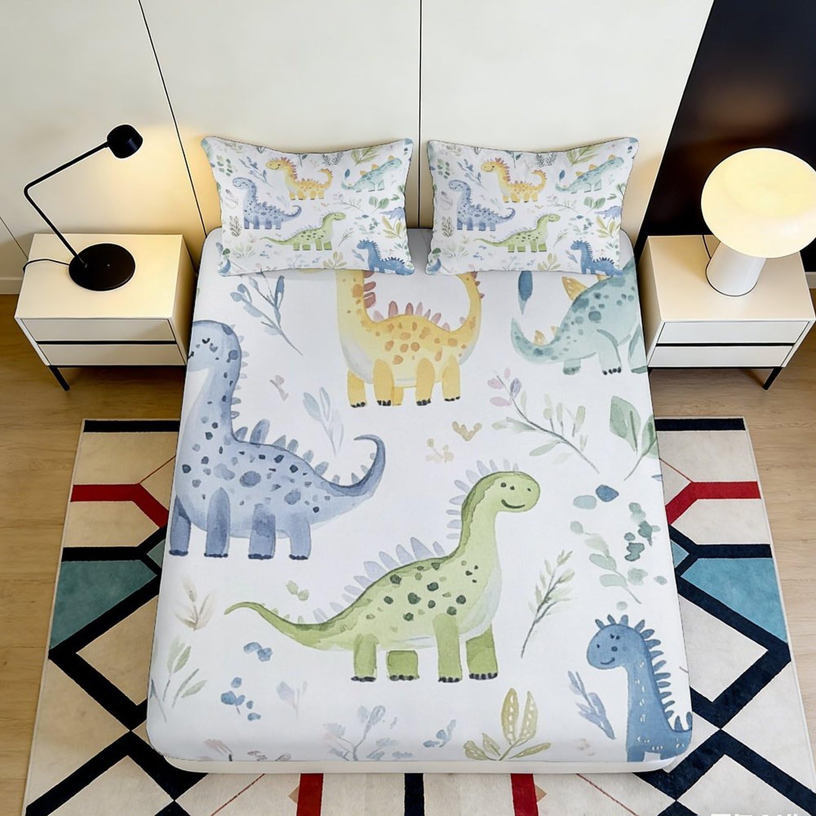 3D Printed Dinosaur Cartoon Fitted Sheet Microfiber Non Slip Kids Animal Mattress Cover for Bedroom Guest Room Washable 120x200x25cm