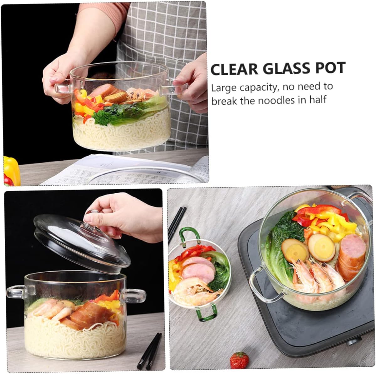 Healifty Heat Resistant Clear Glass Soup Pot with Lid Heatable Bowl for Stovetop and Microwave Cooking for Instant Noodles and Salad Preparation