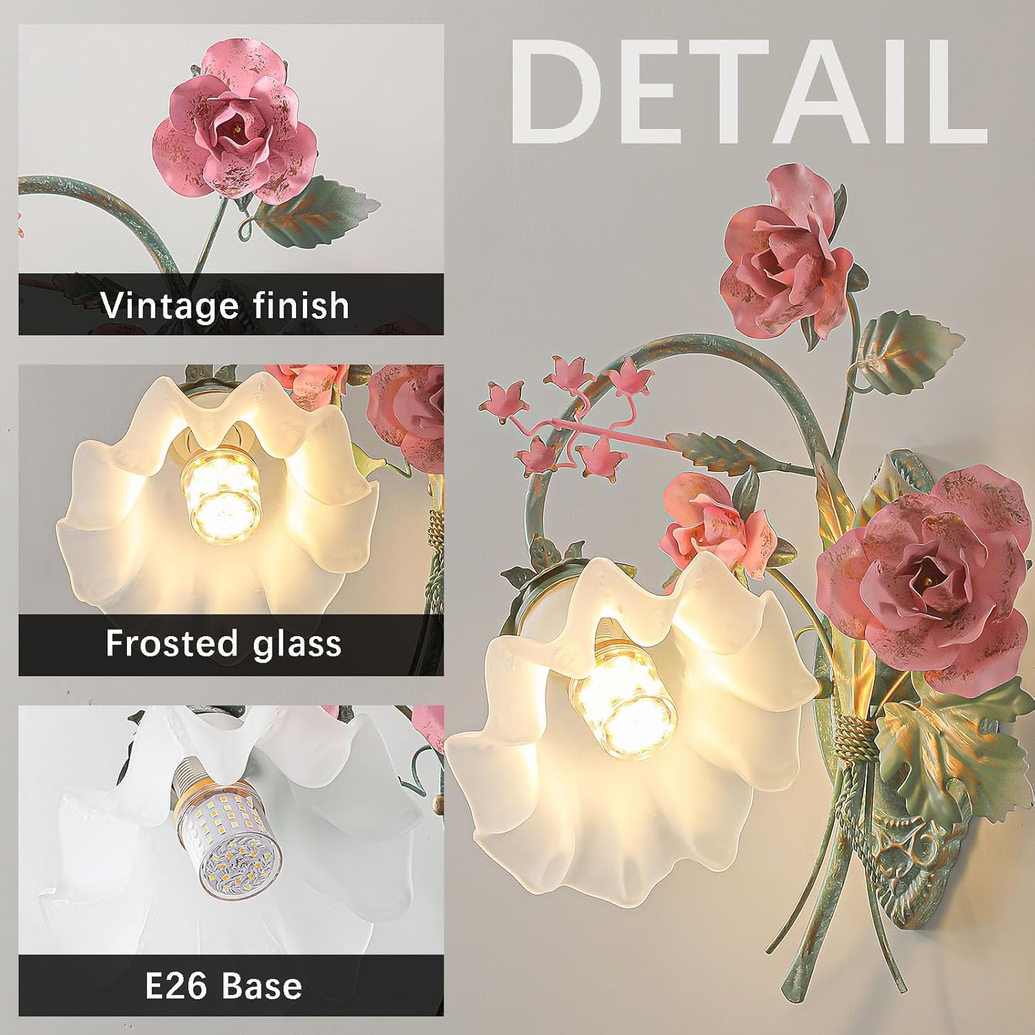 Vintage Floral Wall Sconce,Metal Wall Lamp with Glass Lampshade,Mounted Wall Lights for Bedroom Living Room Corridor Vanity Hallway E26 Wall Art Scones 40 * 40Cm Right