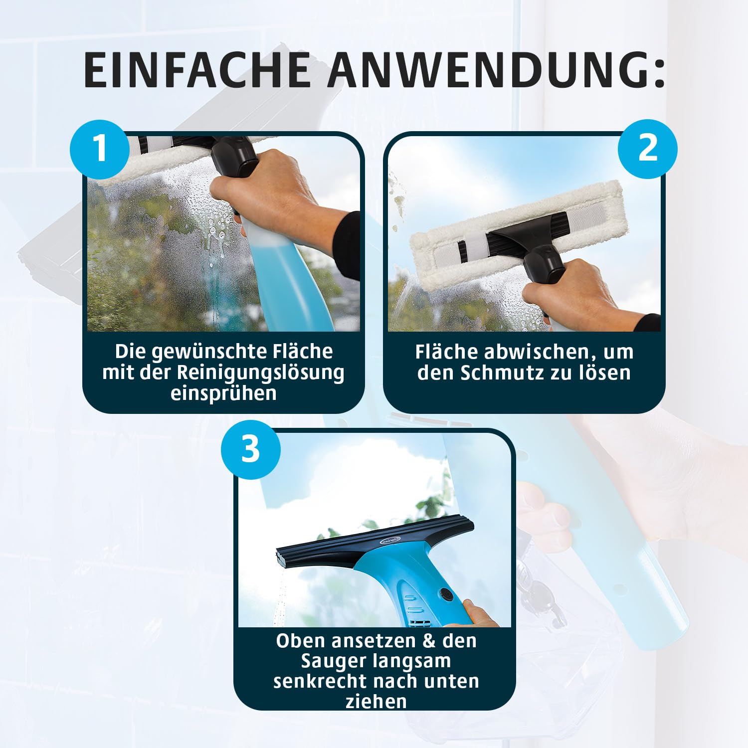 3 PAGEN Aspirapolvere per finestre a batteria – con flacone spray con rivestimento in microfibra – pulizia senza aloni – pulitore elettrico senza fili – ideale per grandi finestre, pareti doccia ecc