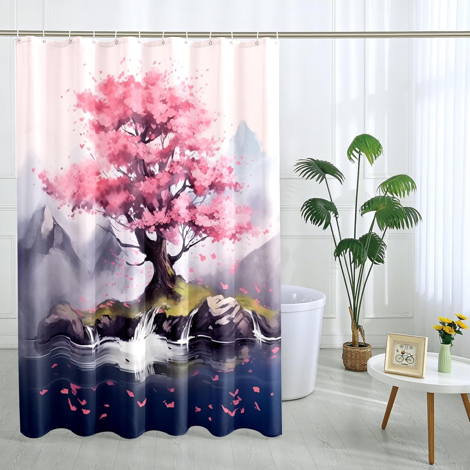 Cool Japanese Koi Shower Curtain Set, Fish Shower Curtain Cherry Flower Asian Anime Style Art Bathroom Decor Polyester Fabric-72" x 72"