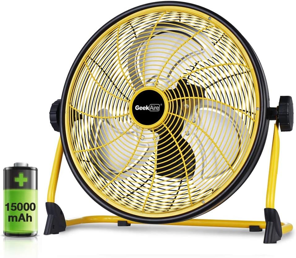 Geek Aire 19200mAh Rechargeable Battery Operated Floor Fan, Powered Fast Air Circulating Fan, Up to 30 Hours, Portable Metal Fan for Outdoor Camper Golf Car, Travel Hurricane or Indoor, 12-Inch