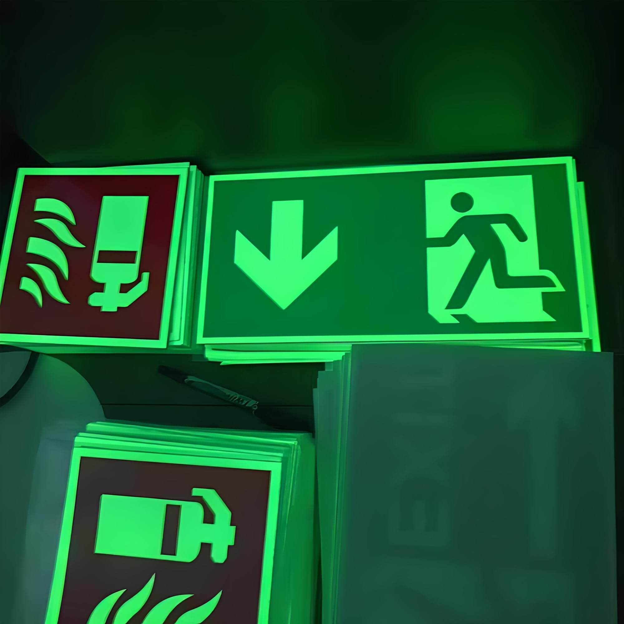 SUQ 7PCS Señal de salida de emergencia, película reflectante fotoluminescente "izquierda", "derecha" e "inferior", diseño autoadhesivo, señales de ruta de escape, no se requiere perforación