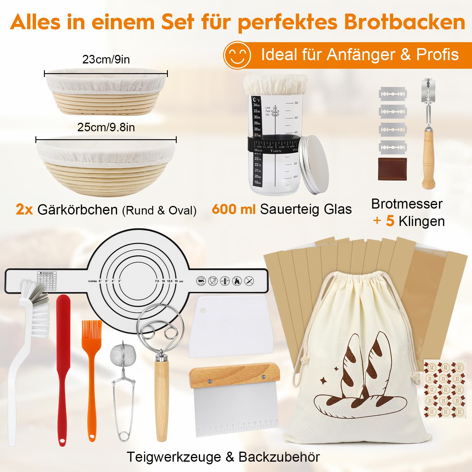Kit lievito completo di 2 Bannetons in rattan (rando e ovale), barattoli a lievito graduato 600 ml, kit fabbricazione pane casa, accessori panetteria e pane lievitato per principianti e appassionati