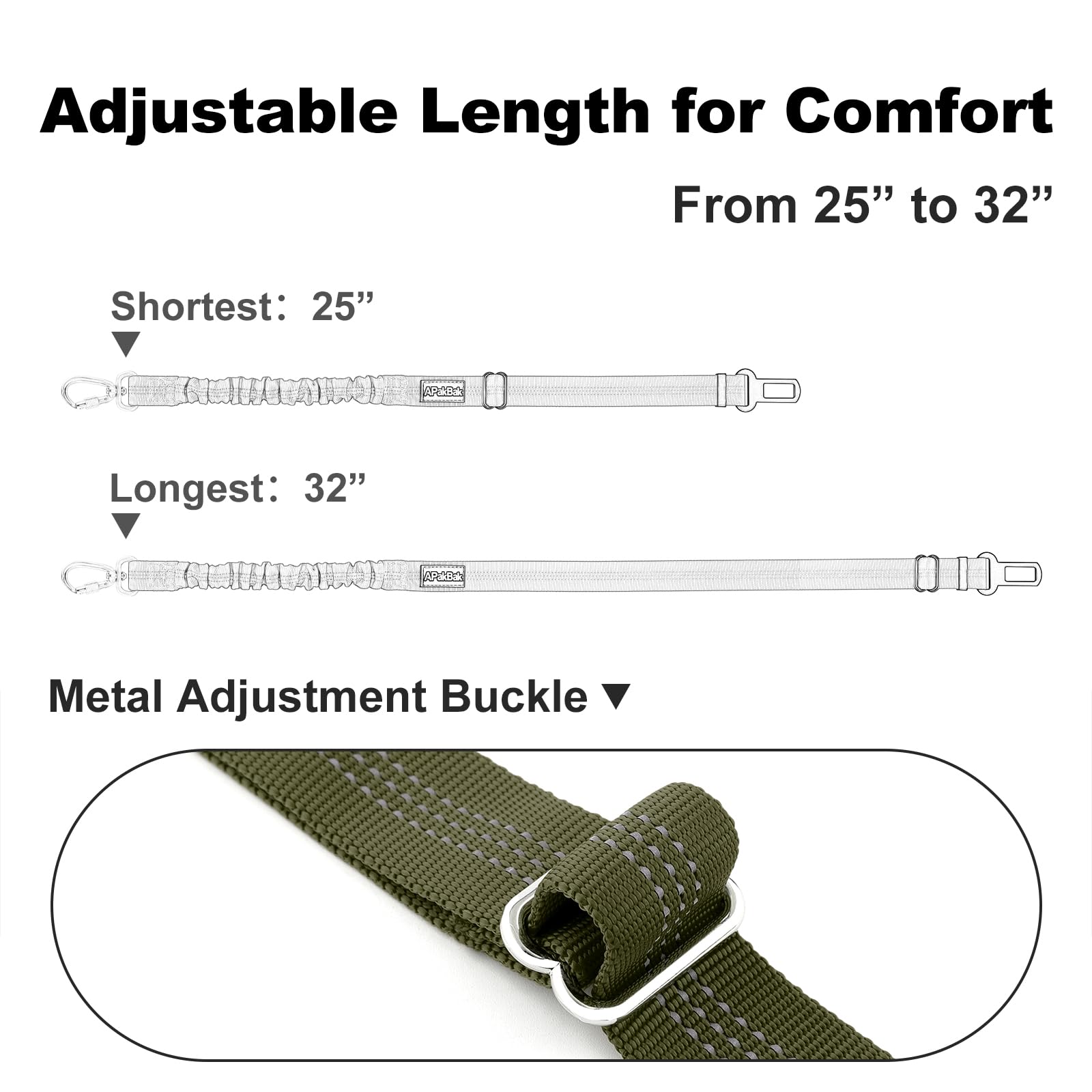 APakBak Dog Seat Belt for Car, Adjustable Dog Car Harness Seatbelt for Small Medium Large Dogs, Heavy Duty Travel Safety Restraint with Locking Aluminum Hook & Reflective Nylon Strap, Ranger Green - image 7