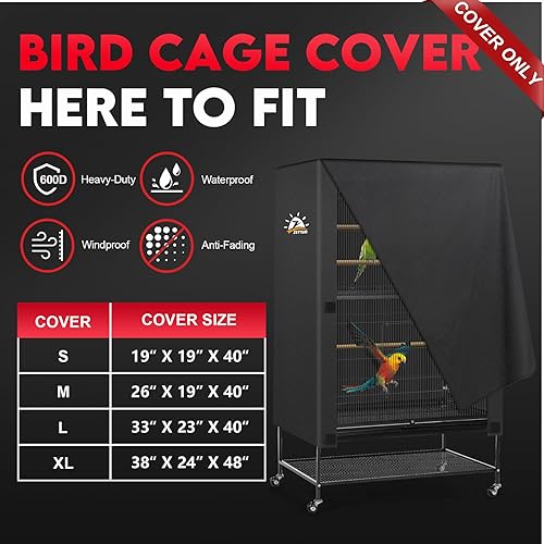 Zettum Bird Cage Cover - 600D Bird Cage Covers for Night Heavy Duty & Waterproof, Fade-Resistant Pet Bird Cage Cover Accessory for Parakeet, Parrot, Cockatiel and More Finches - 26 x 19 x 40 Inch(33 x 23 x 40 Inch)
