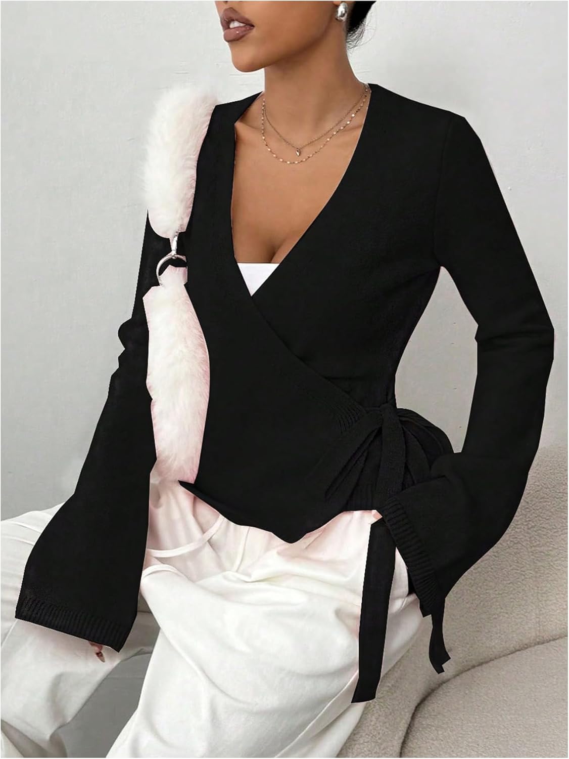 Verdusa Women's Cozy V Neck Wrap Sweater Tie Front Cute Holiday Cardigan - Image 4