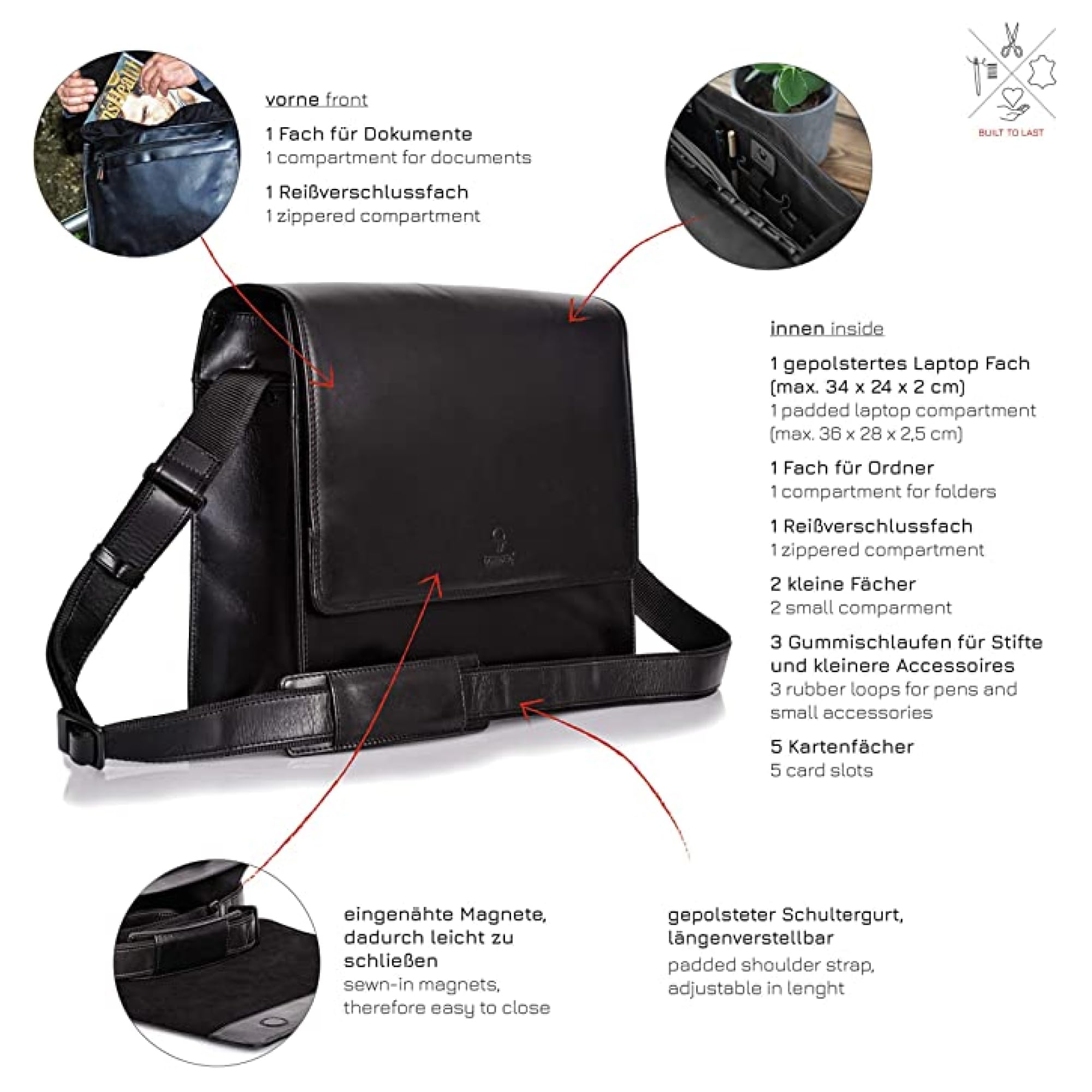 DONBOLSO Große Business Messenger Bag für Laptop - Leder Laptoptasche, Handtasche, Arbeitstasche Herren - Just Elegant Vintage - Tragetasche für MacBook Zubehör - 15,6 Zoll