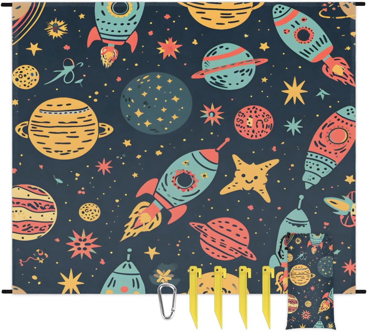 Honeybaby Spaceship Cartoon Rocket Beach Blanket Waterproof Sandproof Lightweight Portable Picnic Blankets for Beach Travel Camping Hiking Vacation Essentials 59x68