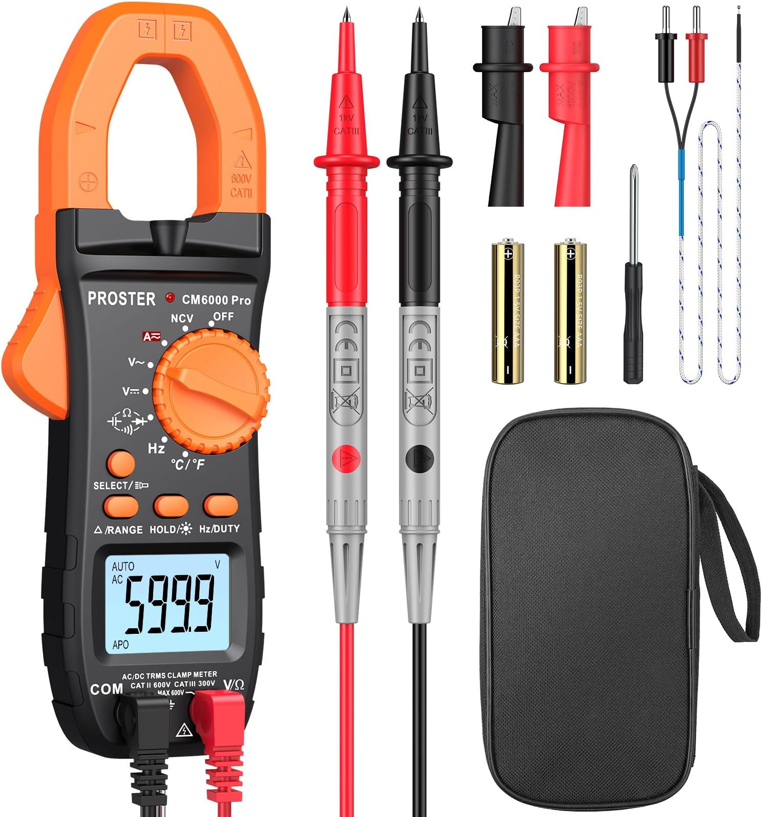 Proster Digital Clamp Meter TRMS 6000counts, 800A DC AC Current AC/DC Voltage NCV Continuity Capacitance Resistance Frequency Diode Hz Test, with1 PairTest Leads 1 Pair Alligator Clips
