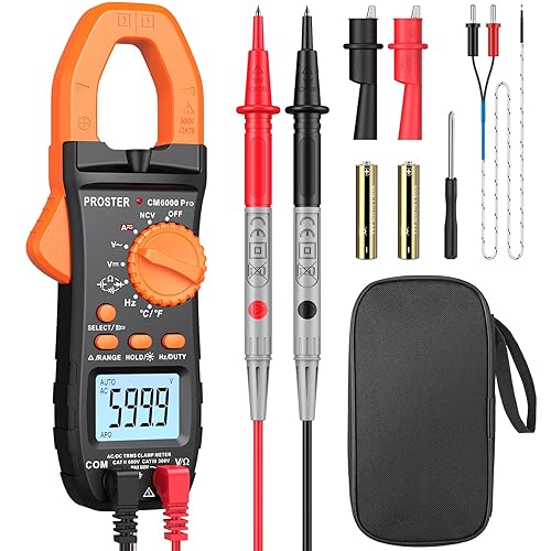 Proster Digital Clamp Meter 6000 Count - 800A DC AC Current AC/DC Voltage Multimter, TRMS NCV Continuity Capacitance Resistance Frequency Diode Hz Tester, with Test Leads, Alligator Clips