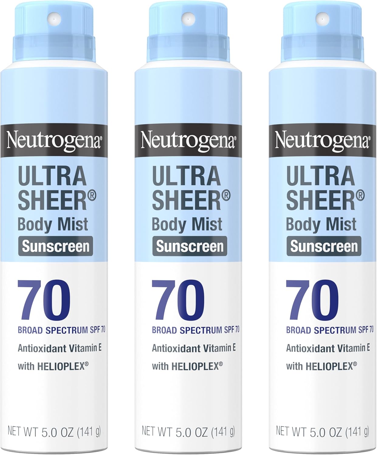 Neutrogena Ultra Sheer Body Mist Sunscreen Spray, Broad Spectrum SPF 70, Lightweight Spray Sunscreen, Non-Greasy & Water Resistant, Oil-Free & Non-Comedogenic UVA/UVB, 5 oz, Pack of 3