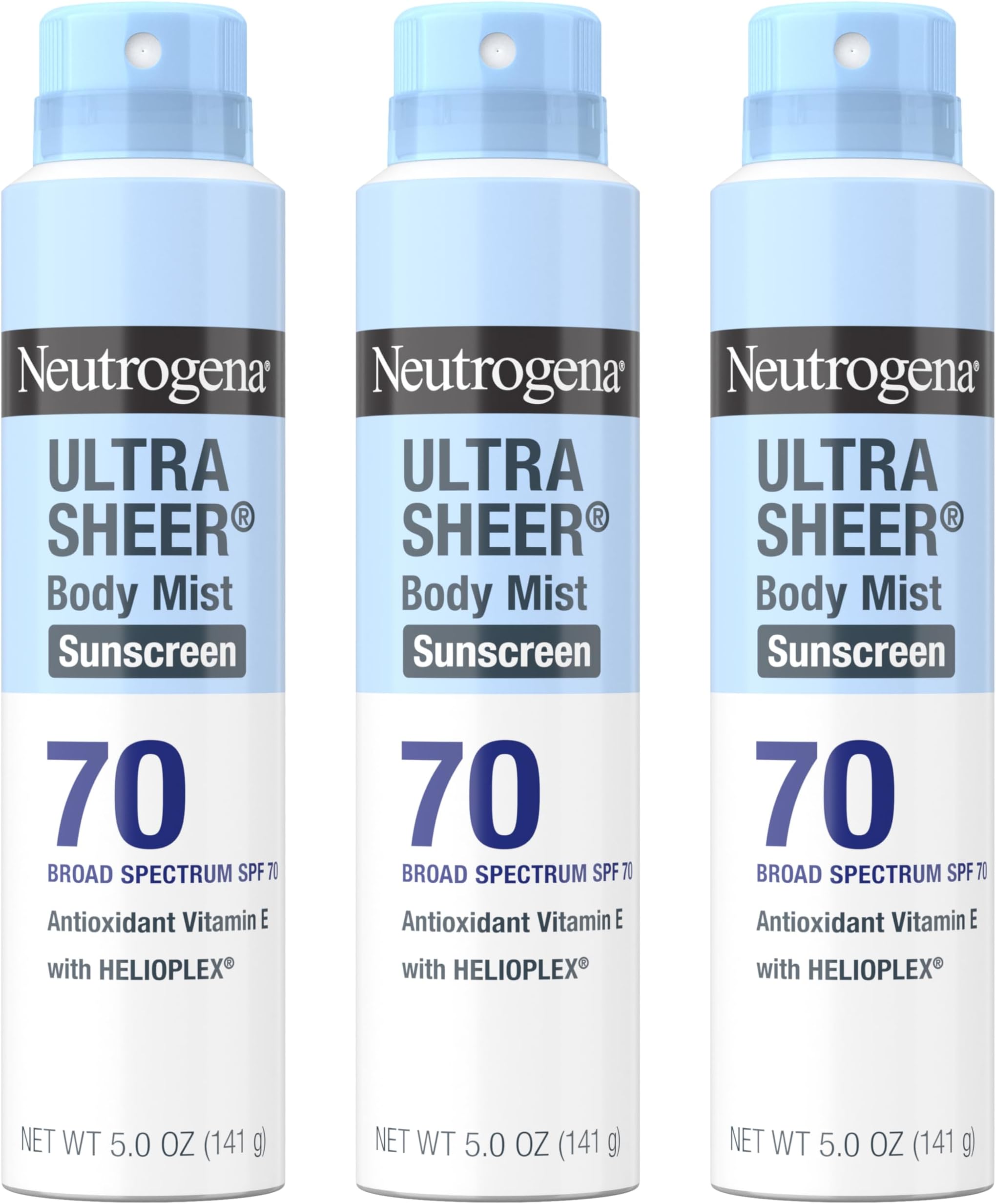 Neutrogena Ultra Sheer Body Mist Sunscreen Spray Broad Spectrum SPF 70, Lightweight, Non-Greasy & Water Resistant, Oil-Free & Non-Comedogenic UVA/UVB Sunscreen Mist, 5 Oz (Pack Of 3), All Skin Type