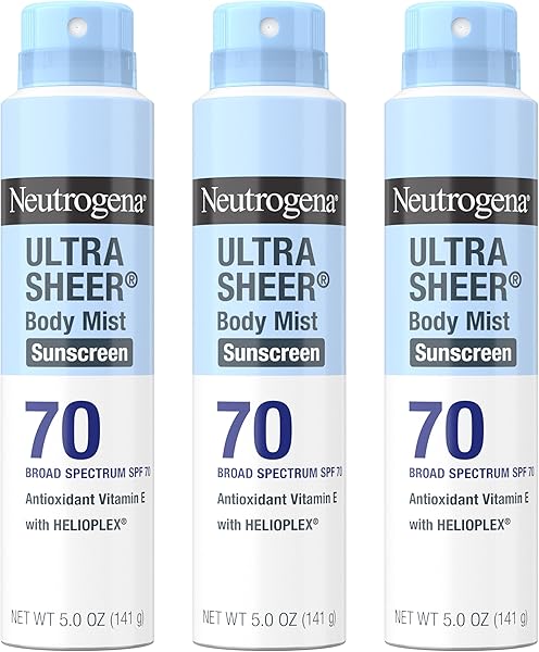 Neutrogena Ultra Sheer Body Mist Sunscreen Spray, Broad Spectrum SPF 70, Non-Greasy & Water Resistant, 5 oz, Pack of 3