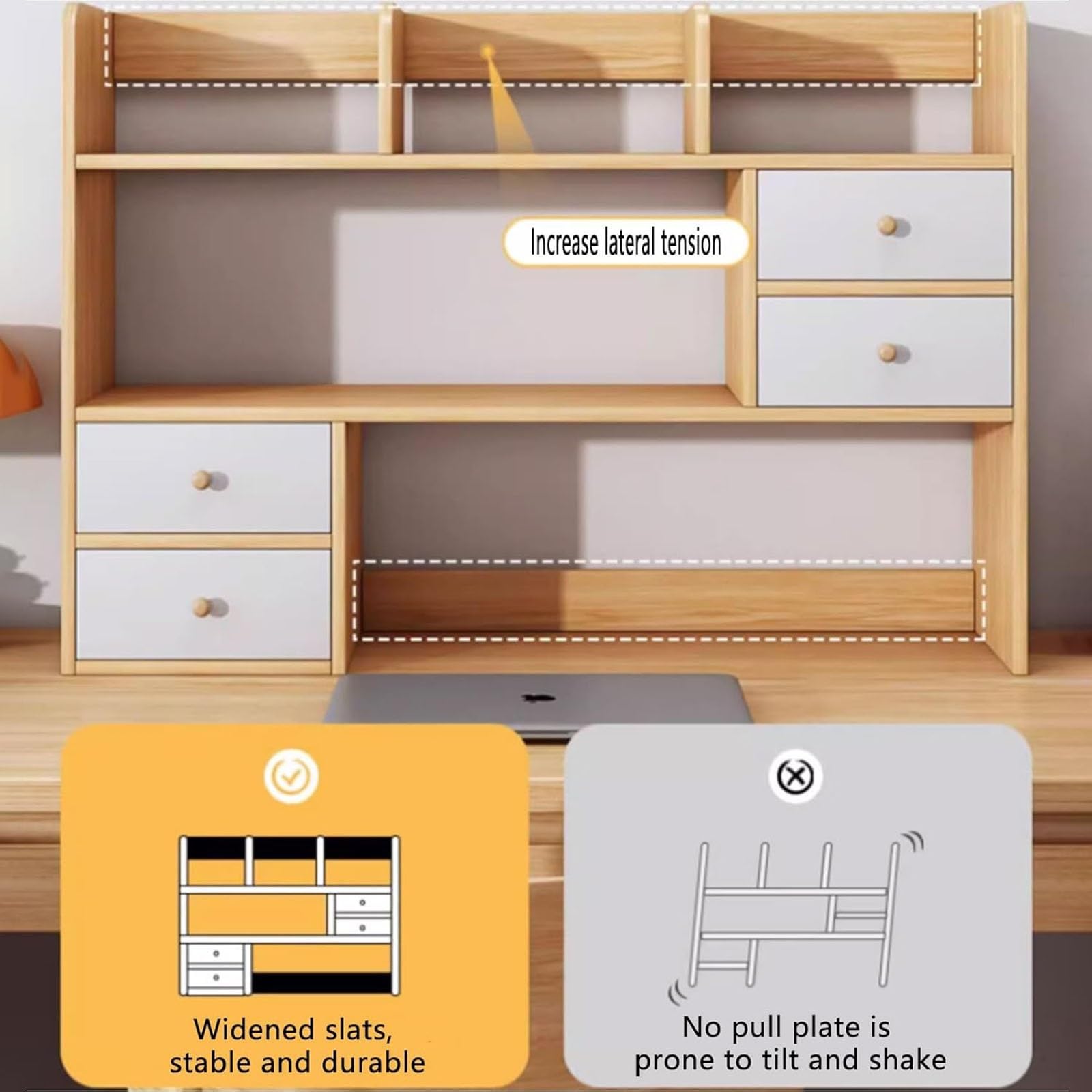 Organizador de Escritorio, estantería multifuncional de madera de dos niveles para el hogar, la residencia de estudiantes y material de oficina; estantería de sobremesa que ahorra espacio(100x17x48cm)