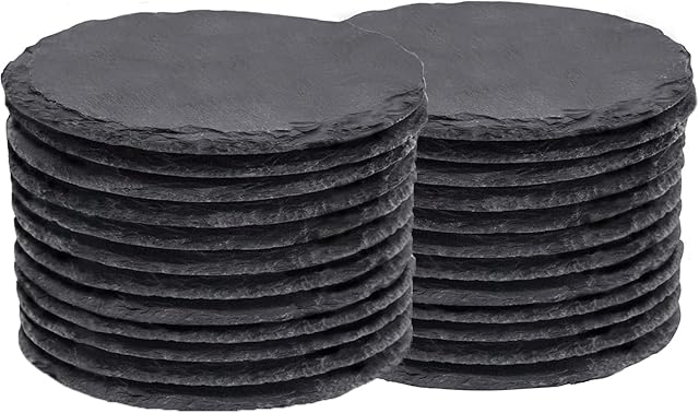 WEWINK PLUS 24 PCS Slate Coasters, 4 Inch Natural Round Stone Coasters Bulk Rustic Rock Black Coasters for Drinks with Anti-Scratch Backing for Home Decor, Bar, Gifts, Table, Cup