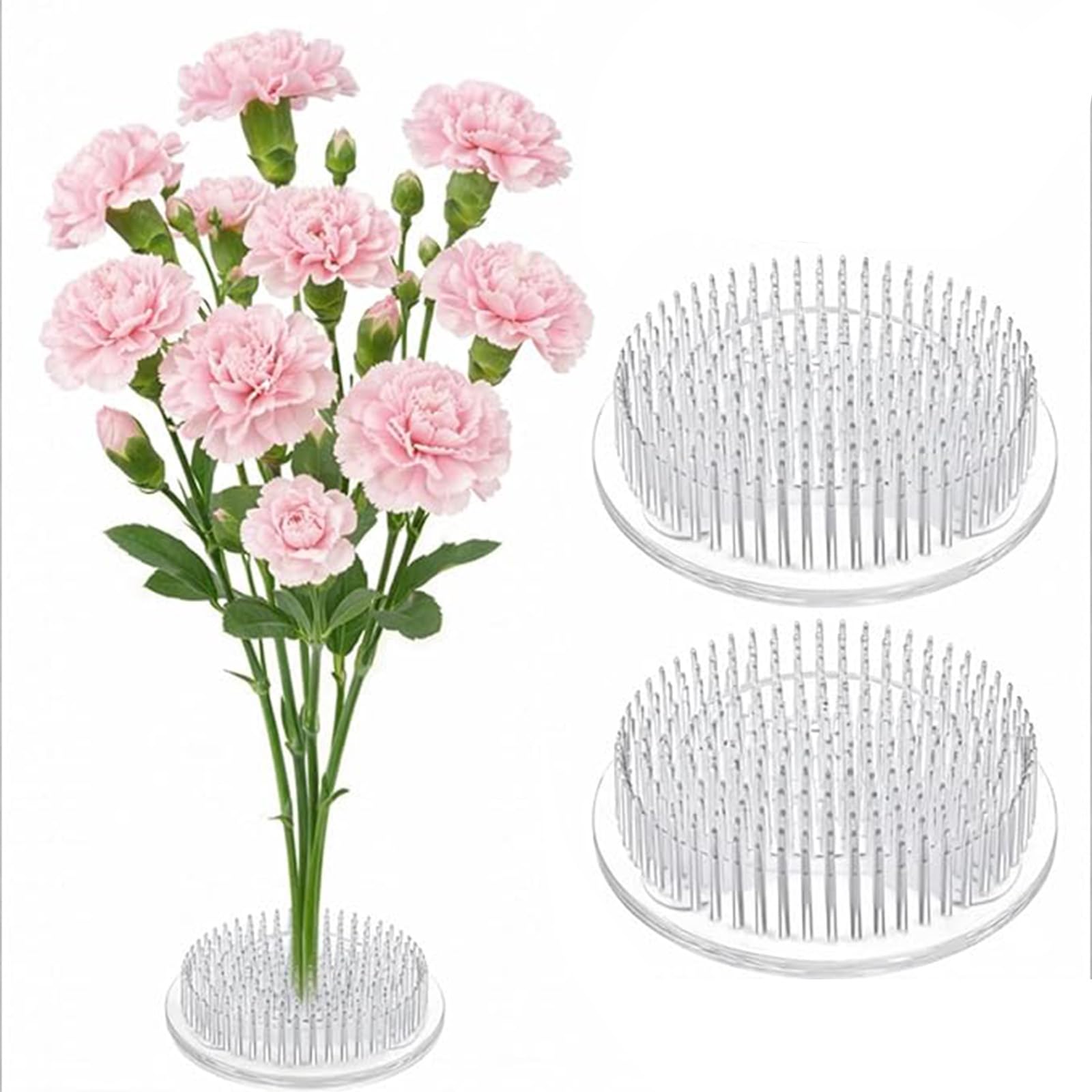 2pcs flower arrangement holder, flower holder card set for floral arrangements, transparent plastic flower frog for home decor and wedding events, round design with compact 7 cm size