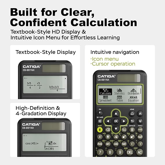 CATIGA Black Scientific Calculator with Textbook-Style HD Display, Solar & Battery Scientific Calculators for College, High School & Engineering Students, Icon Menu & Magnetic Hard Case, CS-991NX