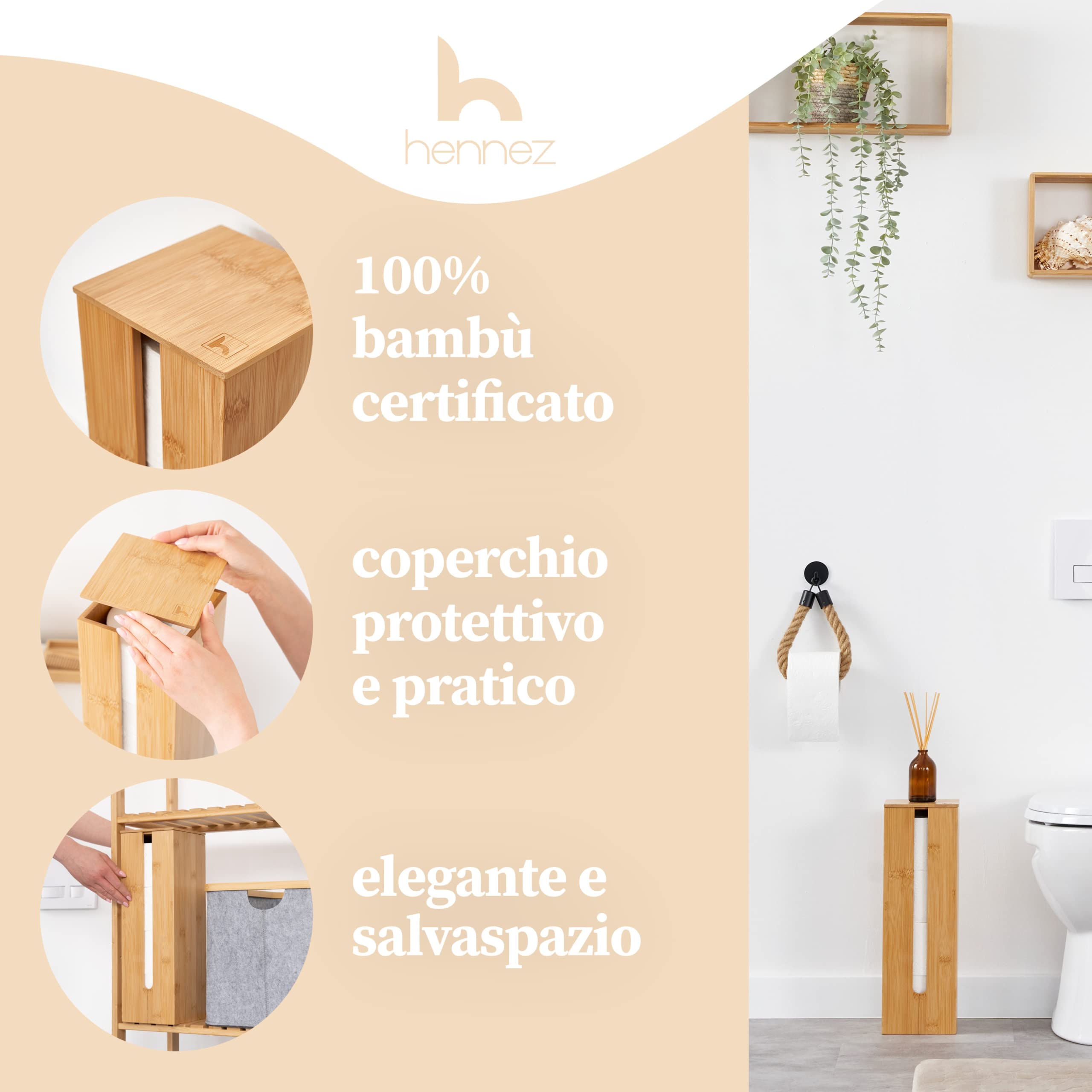 HENNEZ Porta Carta Igienica da Terra Legno di Bambu Chiuso - Portarotolo da Terra Contenitore - Scorta Mobile Bagno Legno