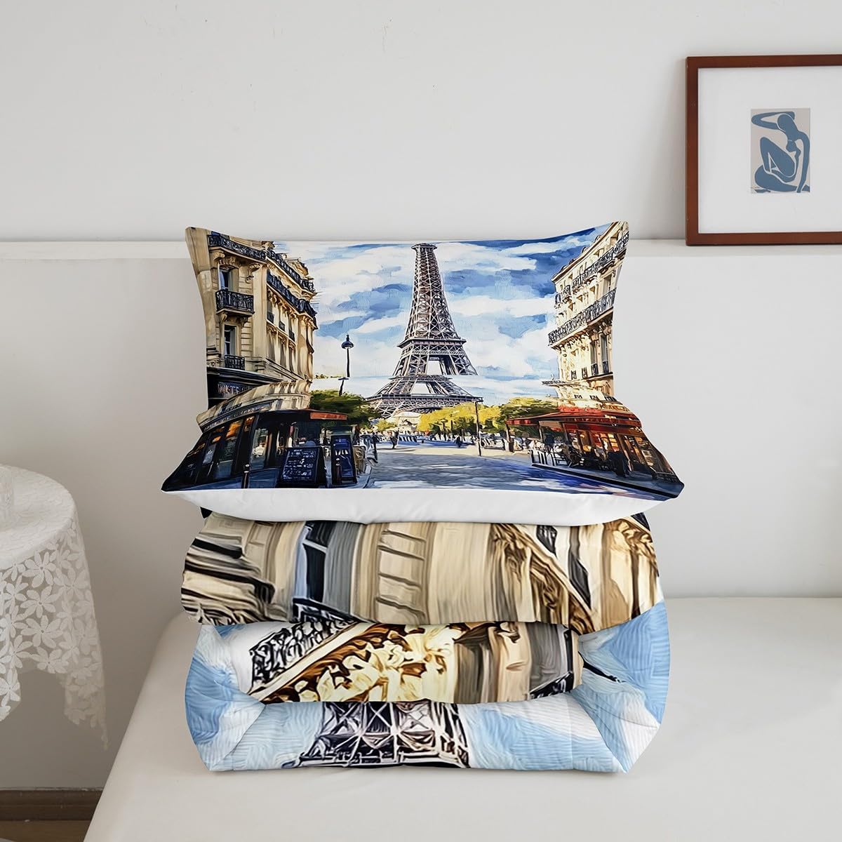 Erosebridal Paris Eiffel Tower Print Bedding Set Travel Theme Comforter Set King City Street Down Comforter for Kids Teens Adults Men,World Famous City Building Landscape Duvet Set