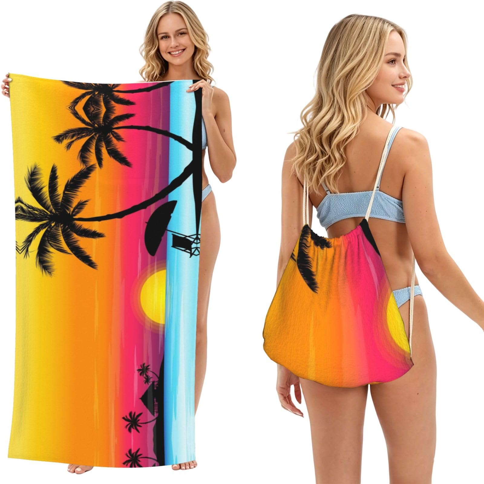 ESNAIUVCD Sunset Palm Tree Print Beach Towel For Adults,Towel With Drawstring Bag, Travel Pool Swimming Sports Shower Sand Free Quick Dry Bath Towel For Pool, Beach, Yoga- 180x60cm