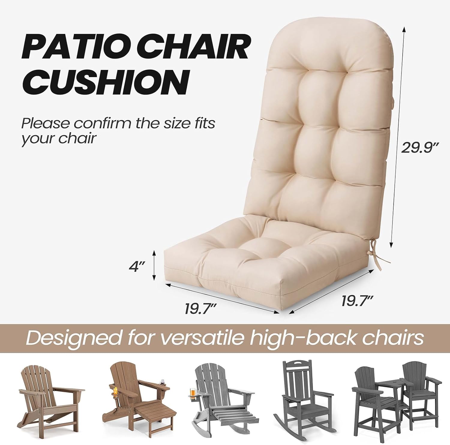 Crestlive 50x20x4 Inch Adirondack Chair Cushion, Outdoor Rocking Chair Cushions Water Resistant High Back Patio Chair Cushions Set of 2, Replacement Cushions，Beige