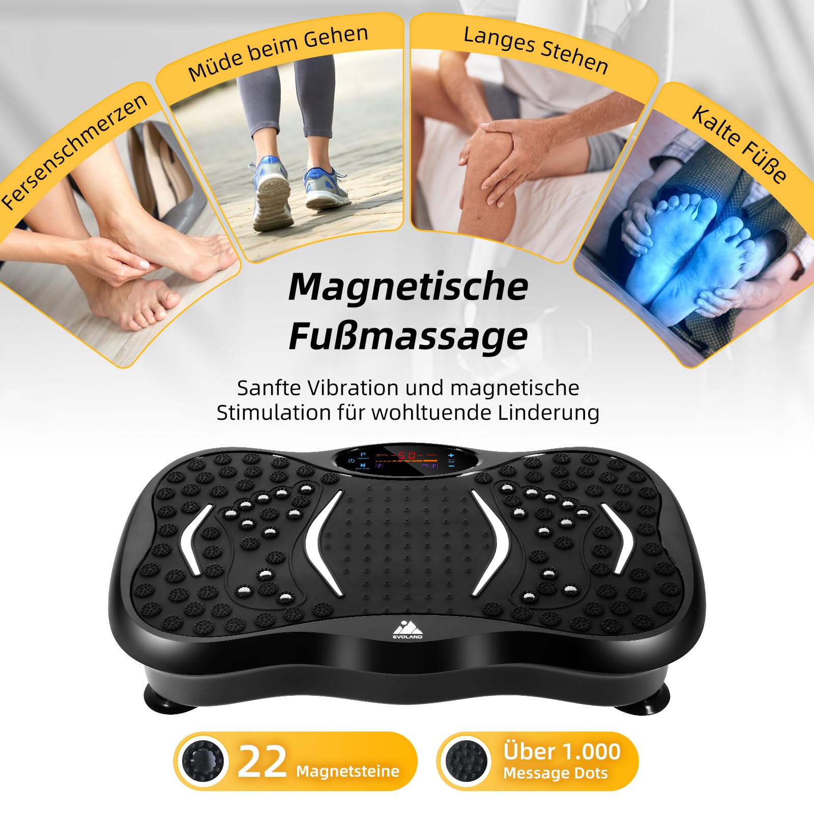 EVOLAND Vibrationsplatte Vibrationsgeräte mit 5 Trainingsprogramme bis 99 Intensitätsstufen, Bluetooth Lautsprecher, Widerstandsbänder mit Griff für Ganzkörpertraining und Körperformung