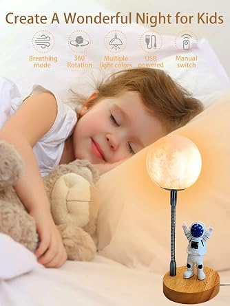 Moon Table Lamp for Kids,Space Buddy Light with 7 Color Astronaut Night Light,USB Powered and Button Control 3D Moon Light,Perfect for Bedroom,Nursery and Space-Themed Parties, Ideal Birthday Gift