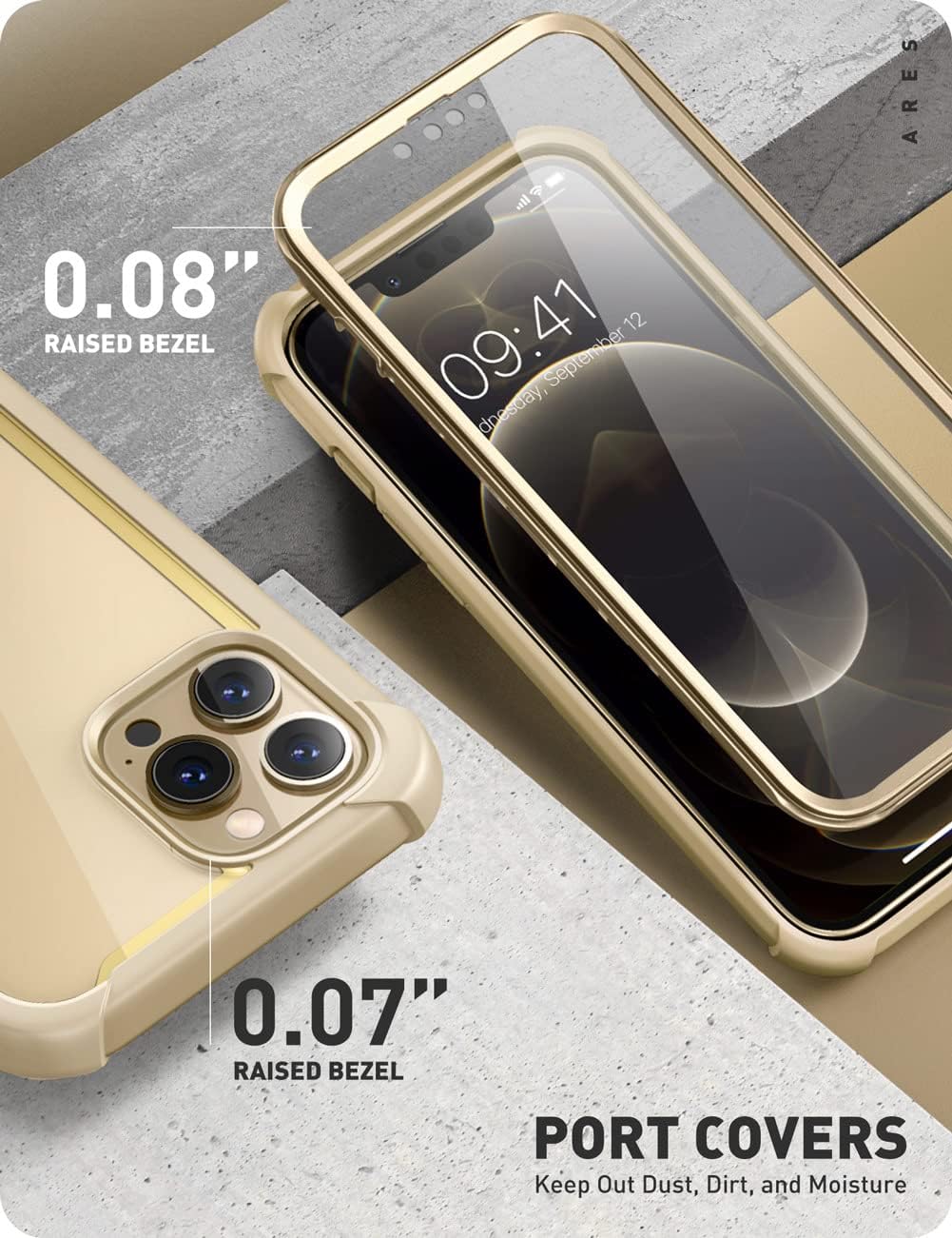 i-Blason Ares Case for iPhone 13 Pro 6.1 inch (2021 Release), Dual Layer Rugged Clear Bumper Case with Built-in Screen Protector (Beige/Gold)